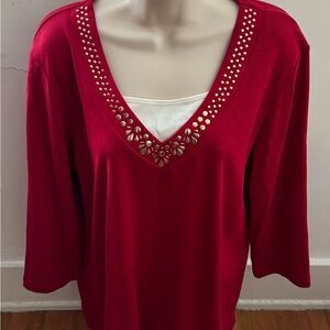 Karen Scott red beaded neckline faux camisole 100% cotton blouse, size L boho